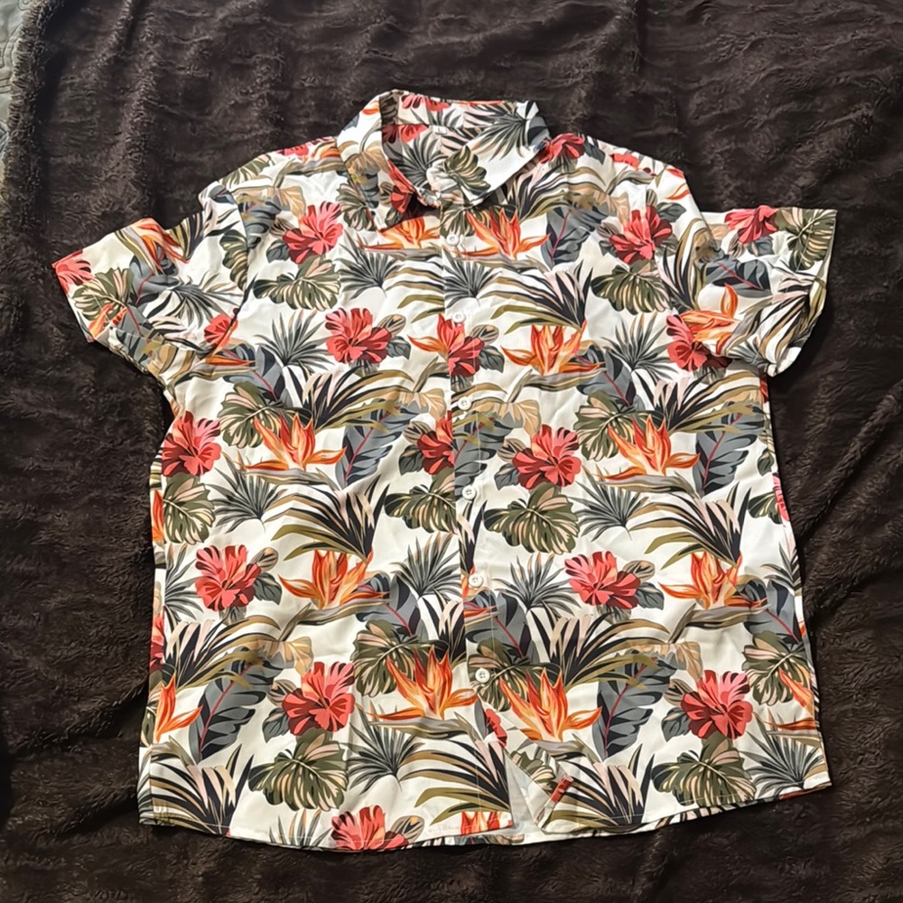 SHEIN Red and Orange Casual Button Down Shirt with Tropical Floral Design